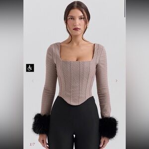 House of CB London Puppytooth Antonia Fur Cuff Corset Top